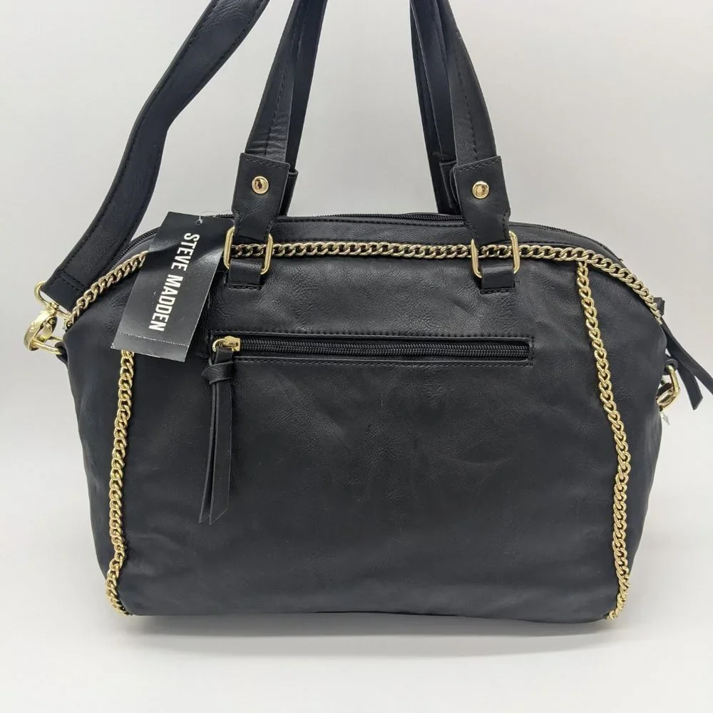 STEVE MADDEN Cheney faux-leather chain accent women's satchel crossbody BLACK